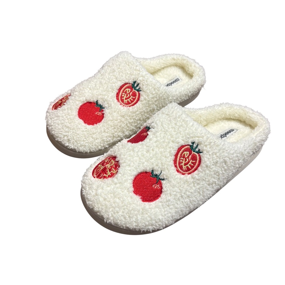 Cozy White Sherpa Slippers with Red Tomato Design size 9-10.